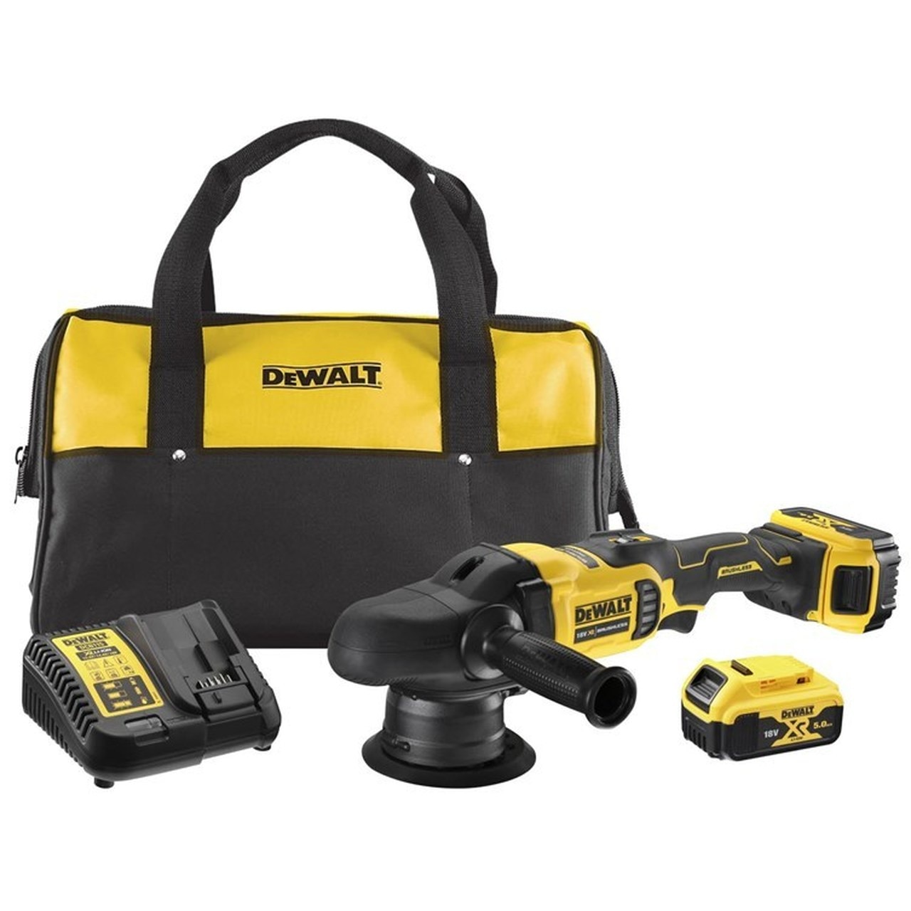 DCM848P2 DeWALT Aku excentrická leštička 18V, 2x 5.0 Ah Li-Ion,v brašně