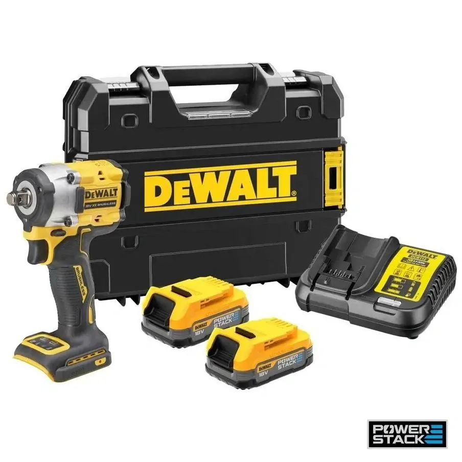 DCF921E2T DeWALT Bezuhlíkový rázový utahovák 1/2", 406Nm, XR 18V, 2x 1,7Ah POWERSTACK, TSTAK