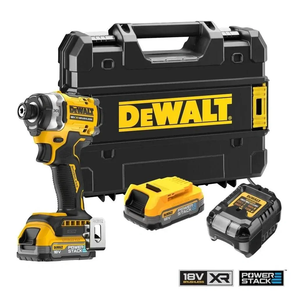 DCF860E2T DeWALT Kompaktní bezuhlíkový rázový utahovák 1/4", 282Nm, XR 18V, 2x 1,7Ah POWERSTACK, TSTAK