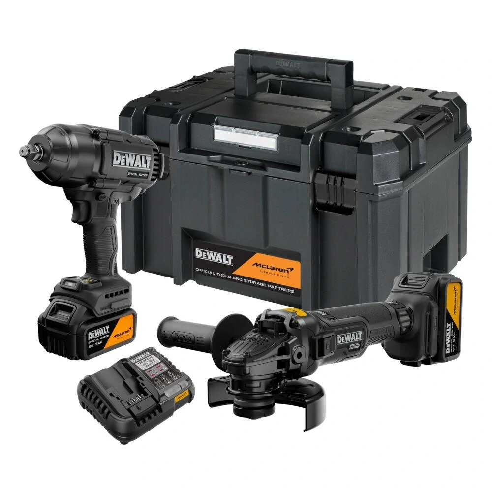 DCK2225MP2T DeWALT Aku bezuhlíková kombo sada 18V XR 2x5,0Ah rázový utahovák DCF99M a úhlová bruska 125mm DCG45M McLaren F1 Team