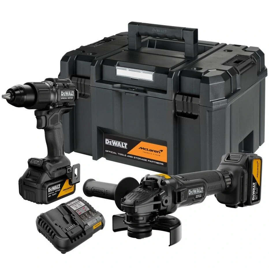 Aku bezuhlíková kombo sada 18V XR 2x5,0Ah příklepová vrtačka DCD86 a úhlová bruska 125mm DCG45M McLaren F1 Team DeWALT DCK2223MP2T