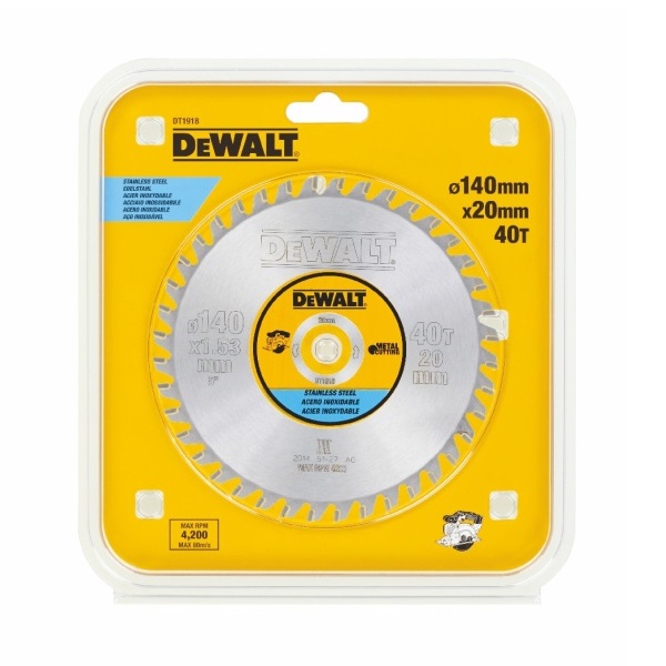 DT1918 DeWALT pilový kotouč na řezání nerezové oceli 140 x 20 mm, 40 zubů pro DCS373