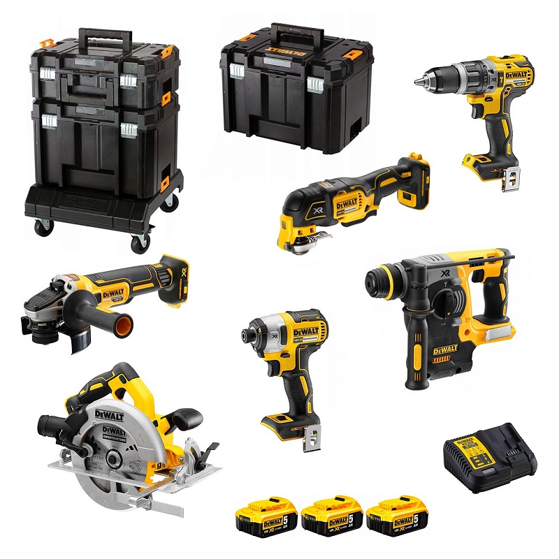 DCK685P3T DeWALT AKU kombinovaná sada XR 18V, 3x 5,0Ah Li-Ion, 3x TSTAK, Podvozek s kolečky