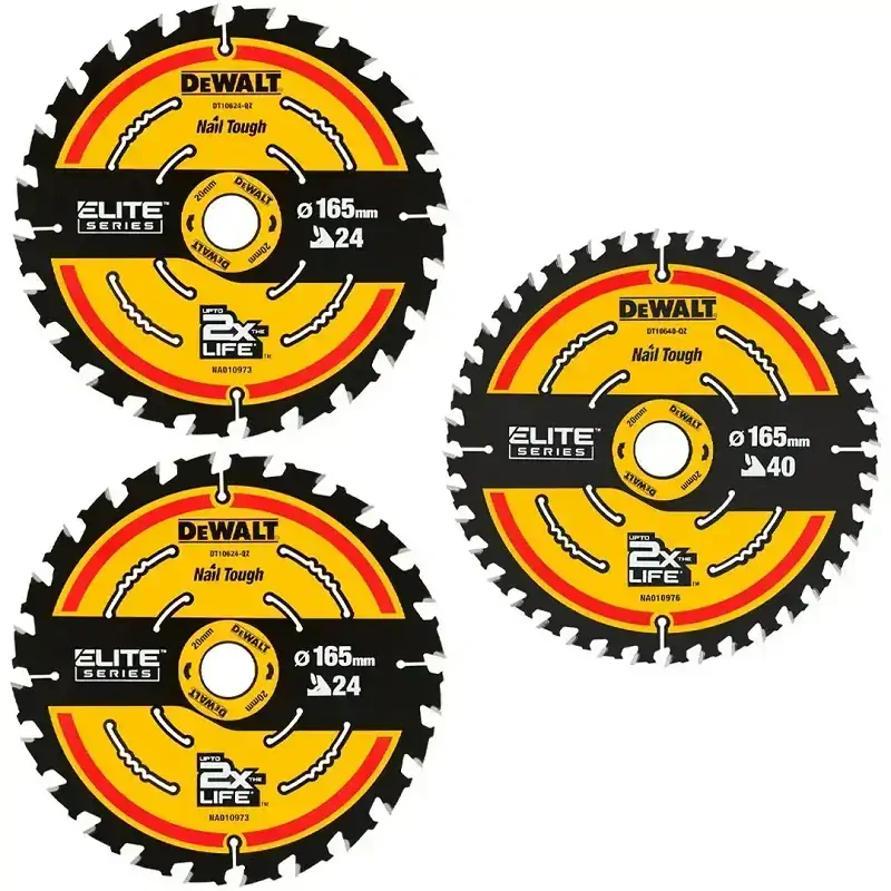 DT10397 DeWALT ELITE 3x Kotouč na dřevo 165 mm x 20mm 24 / 40 zubů (2× DT10624 a 1× DT10640)