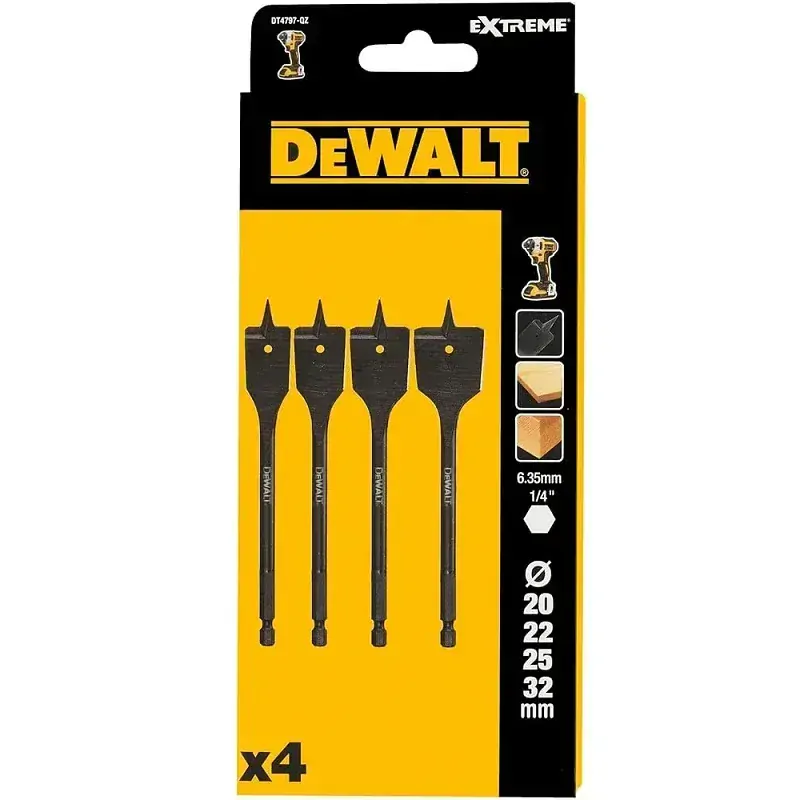 DT4797 DeWALT Sada plochých vrtáků do dřeva 4ks, 20-32mm EXTREME Impact HEX