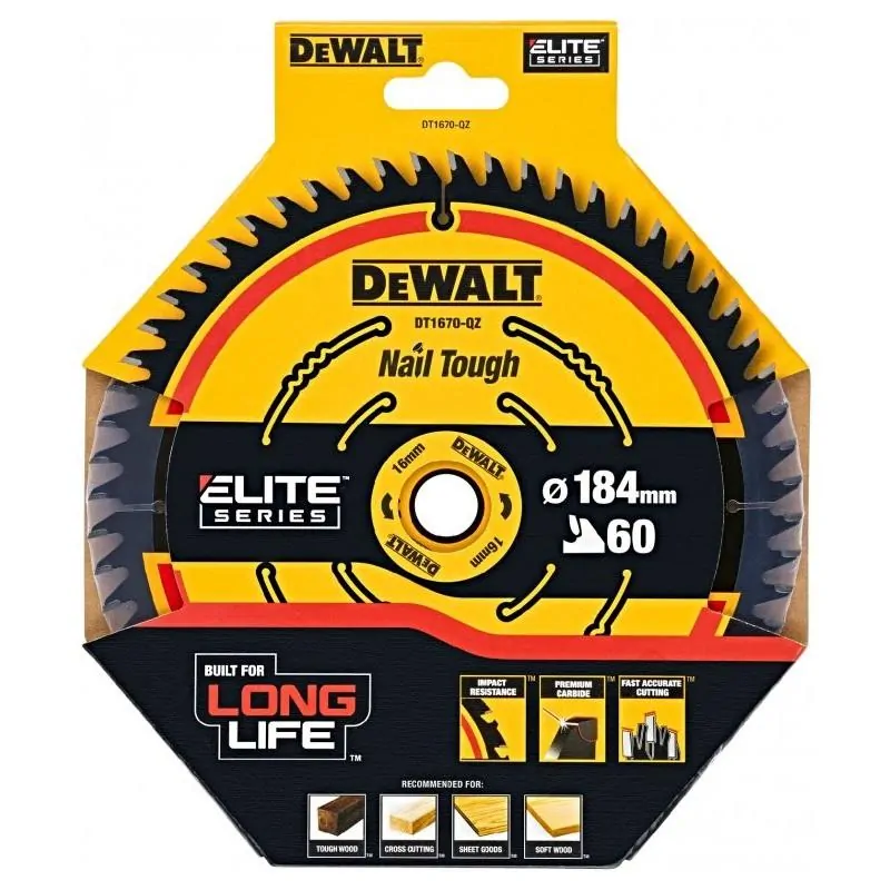DT1670 DeWALT Pilový kotouč 184 mm x 16 mm, 60 zubů, ELITE serie