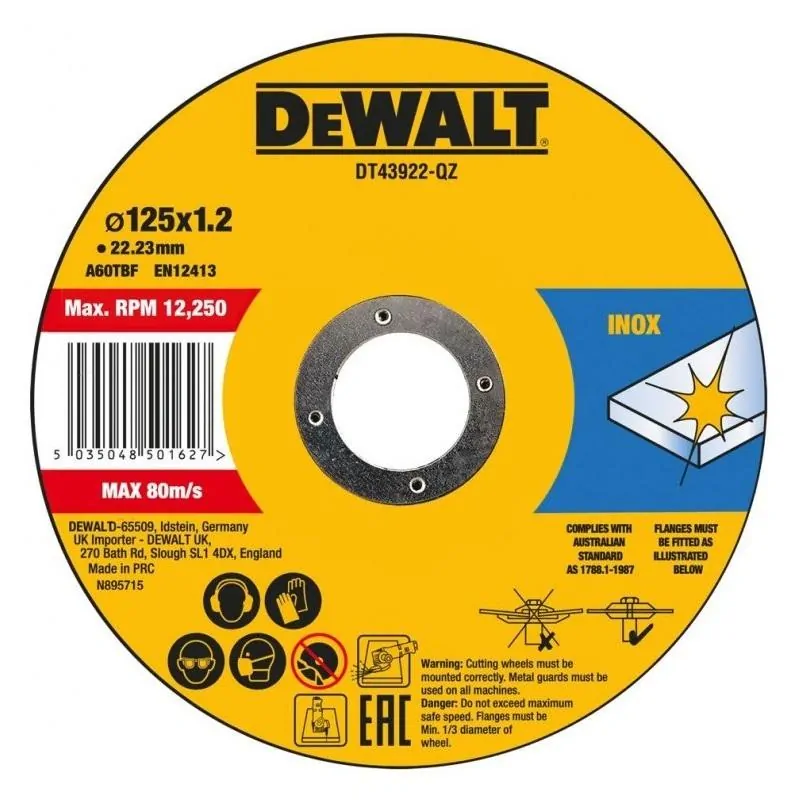 DT43922 DeWALT Sada řezných kotoučů na nerez, plochý, 125 x 22,2 x 1,2mm, 10 ks v kovové krabičce