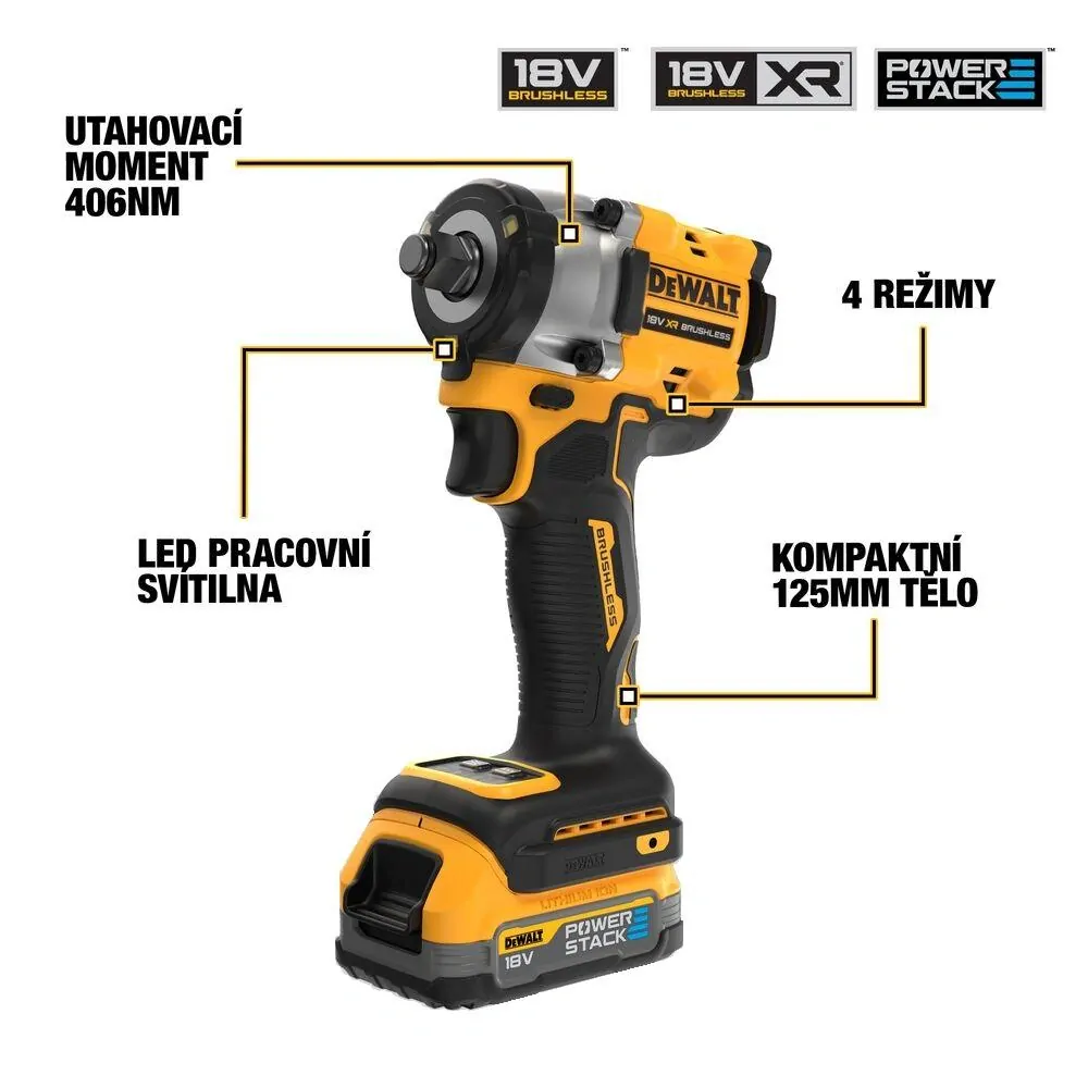 DCF921E2T DeWALT Bezuhlíkový rázový utahovák 1/2", 406Nm, XR 18V, 2x 1,7Ah POWERSTACK, TSTAK