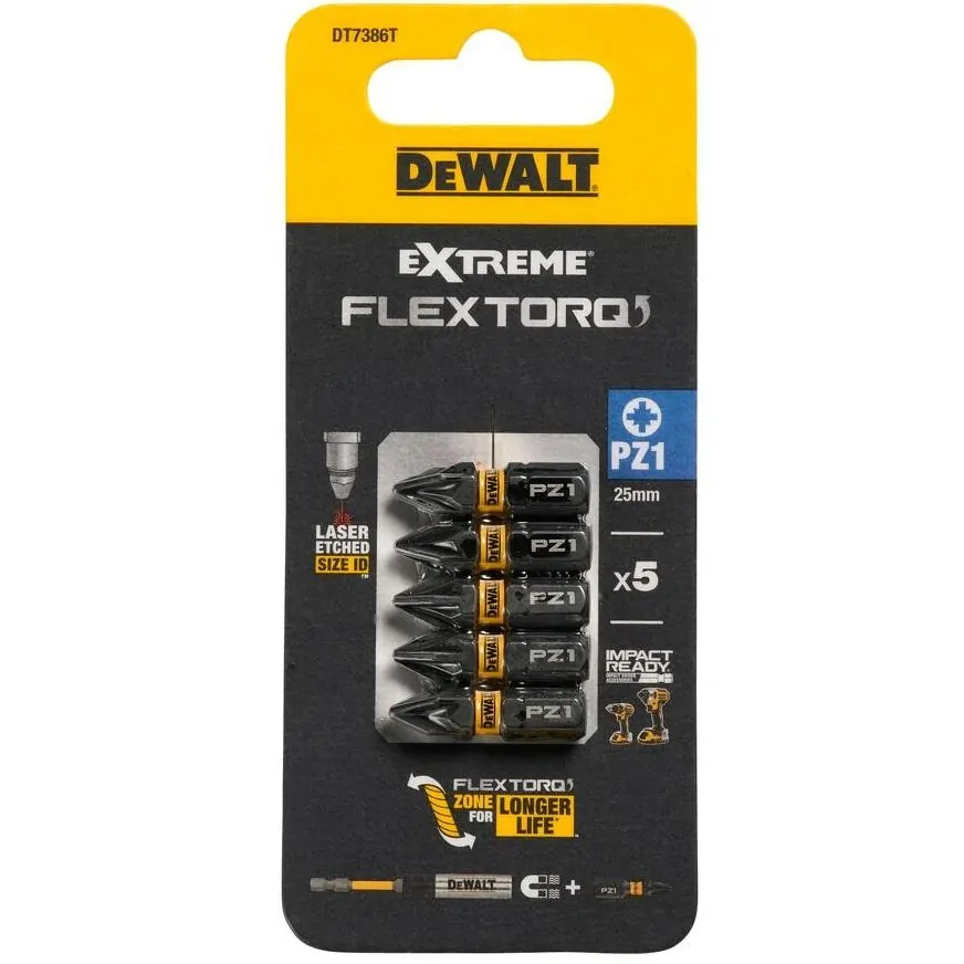 DT7386T DeWALT Sada torzních šroubovacích bitů 5 ks Pozidrive PZ1 25mm FLEXTORQ, EXTREME 