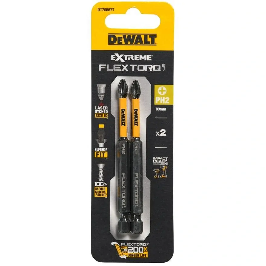 DT70567T DeWALT Prodloužený torzní šroubovací bit PH2 89 mm, 2 ks, FLEXTORQ, EXTREME