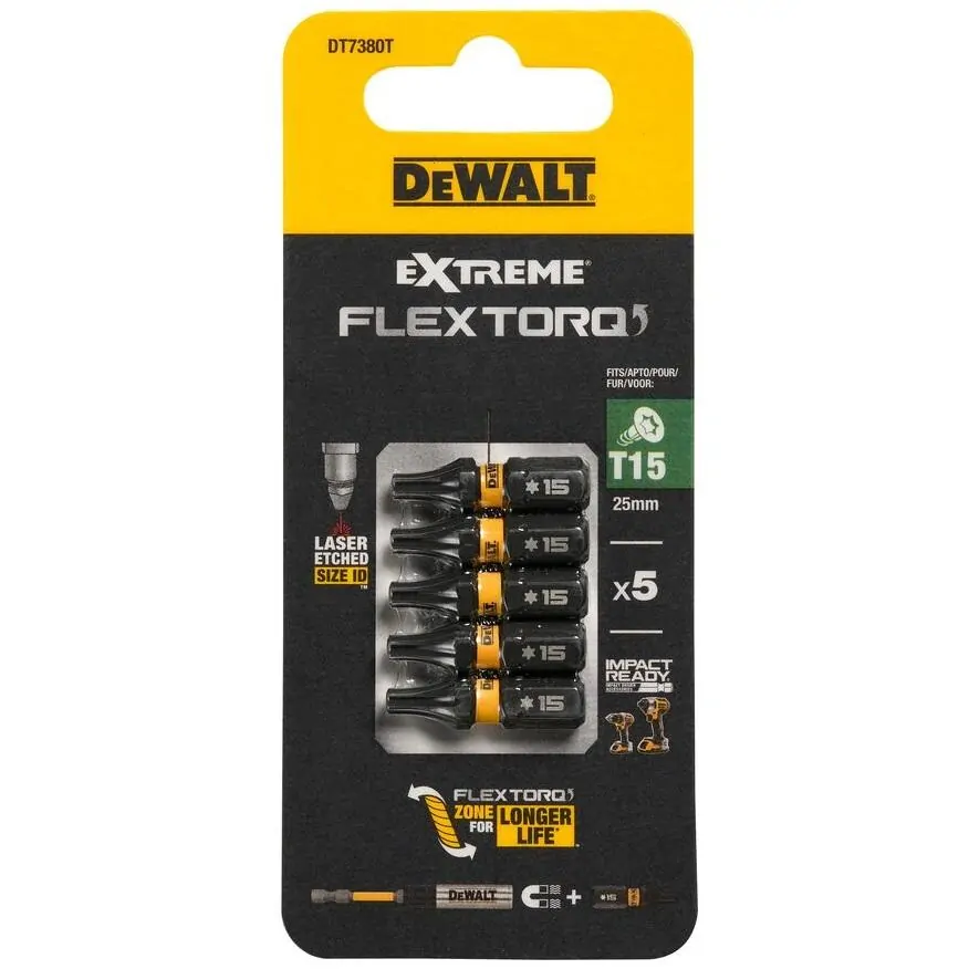 DT7380T DeWALT Sada torzních šroubovacích bitů 5 ks Torx T15 FLEXTORQ, EXTREME