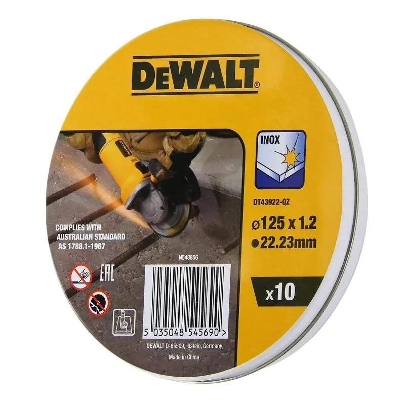 DT43922 DeWALT Sada řezných kotoučů na nerez, plochý, 125 x 22,2 x 1,2mm, 10 ks v kovové krabičce