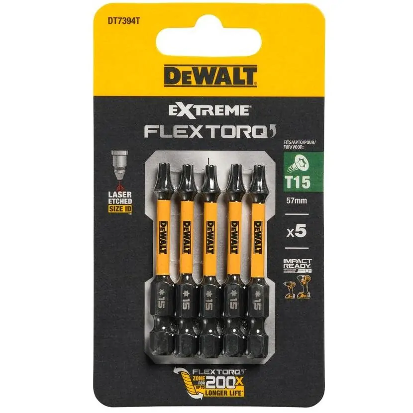 DT7394T DeWALT Sada torzních šroubovacích bitů 5 ks Torx T15 57mm FLEXTORQ, EXTREME