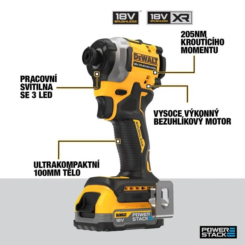 DCF850E2T DeWALT Aku bezuhlíkový rázový utahovák 1/4", 205Nm, 18V XR 2x 1,7Ah POWERSTACK, TSTAK