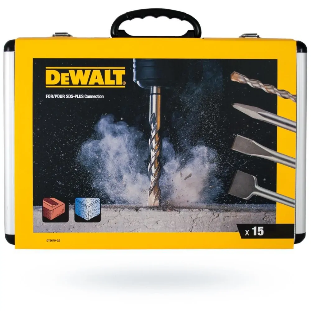 DT9679 DeWALT 15dílná sada sekáčů a vrtáků SDS plus v hliníkovém kufru