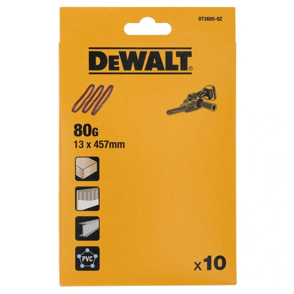 DT3605 DeWALT Brusné pásy 80G 13x457mm, 10ks, pro prstovou brusku DCM200