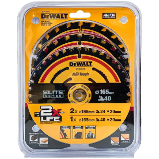 DT10397 DeWALT ELITE 3x Kotouč na dřevo 165 mm x 20mm 24 / 40 zubů (2× DT10624 a 1× DT10640)
