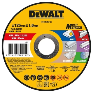 DT20595 DeWALT Multimateriálový řezný kotouč 125 x 22,2 x 1,0 mm, na řezání nerezu, oceli, hliníku, PVC, keramiky, zdiva