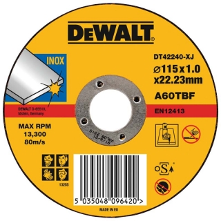 DT42240 Řezný kotouč na nerez, plochý 115 x 22,2 x 1,0 mm DeWALT